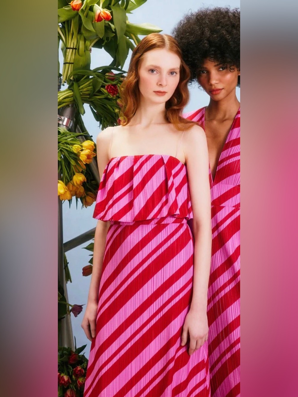 Lela Rose Striped Strapless Pink & Red Pleated top & skirt Set Sample Sz 2